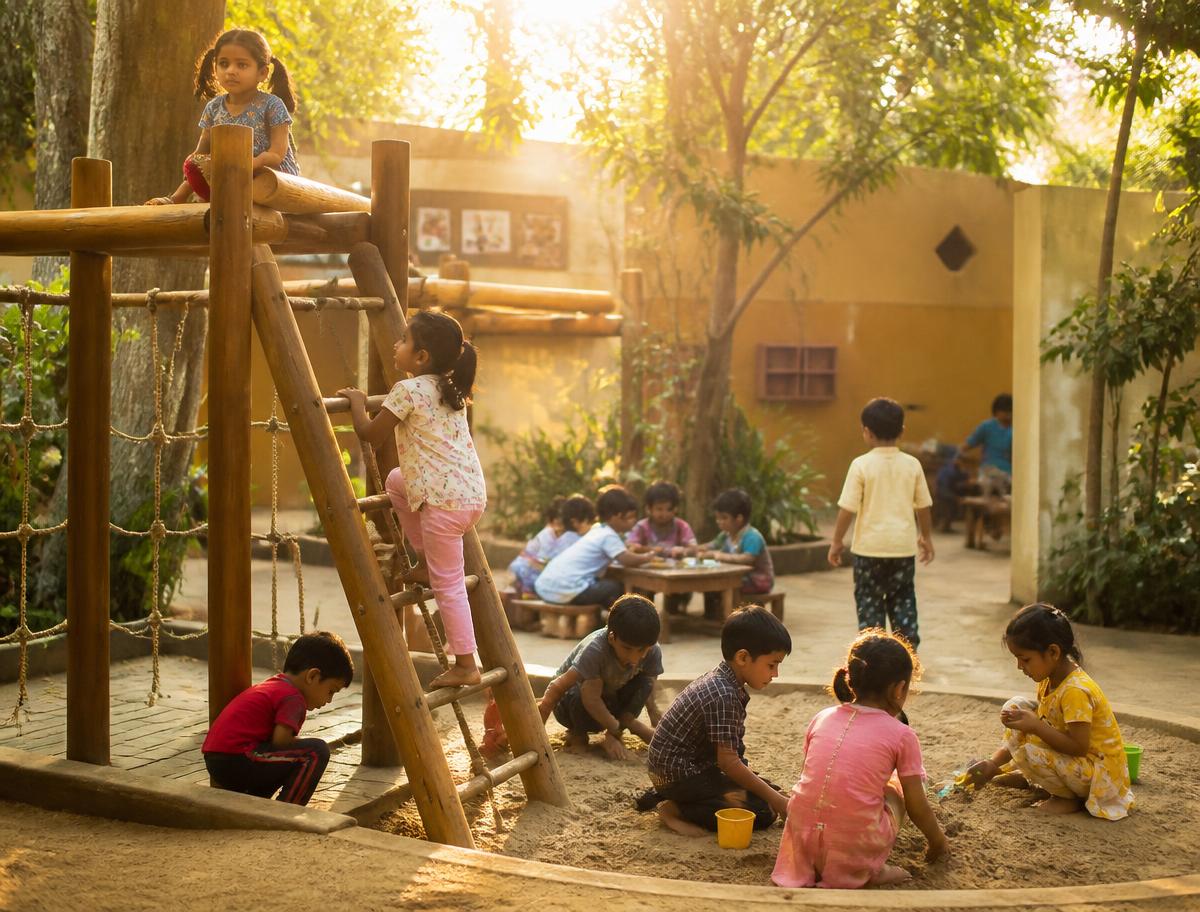 Children climbing in the shaded outdoor play area