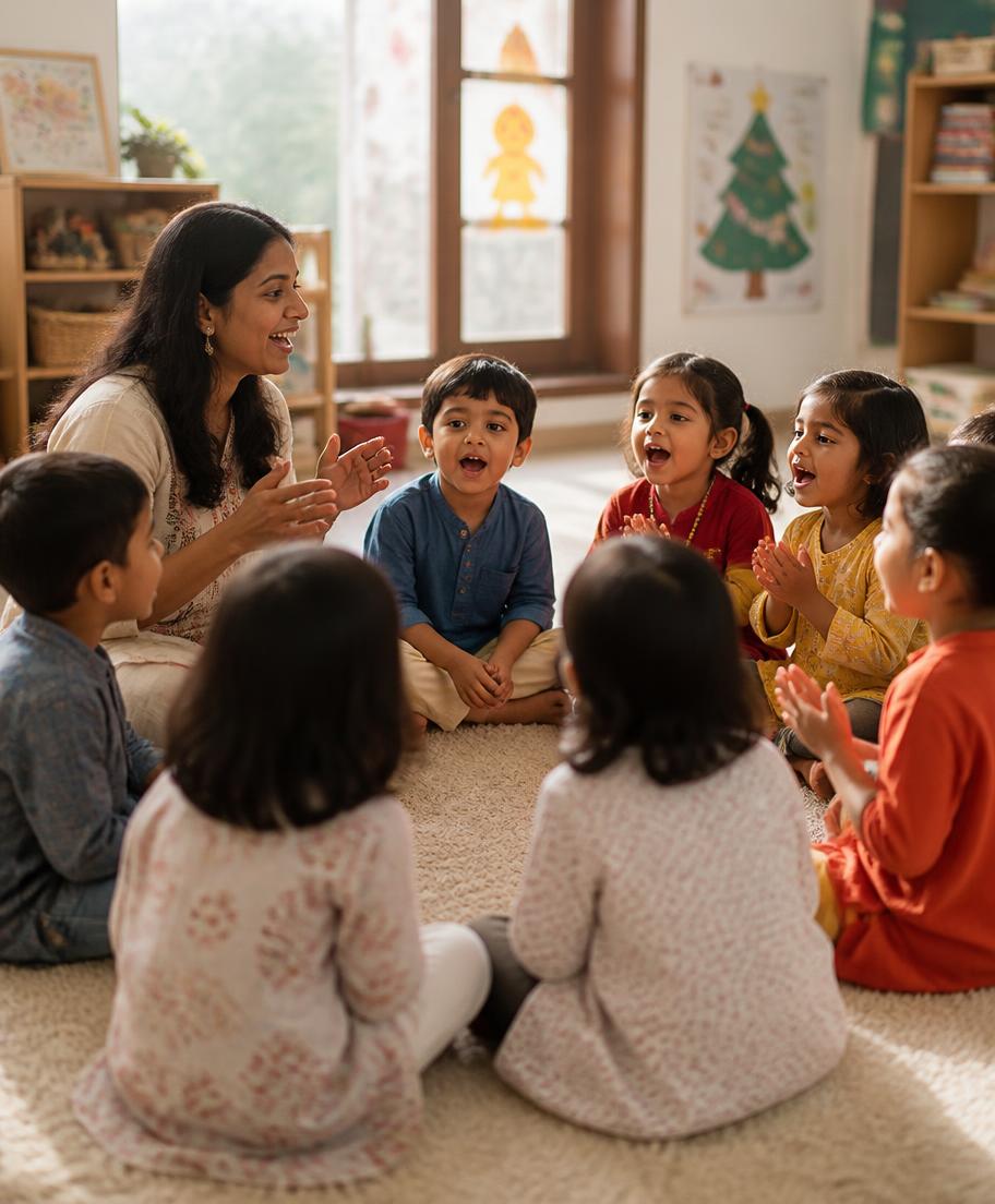 A teacher leading a singing circle on a rug