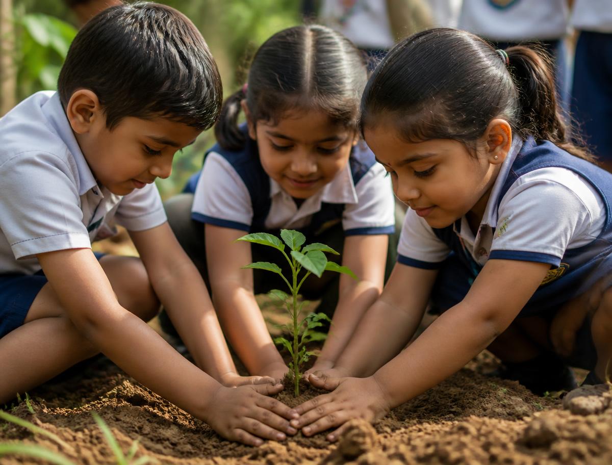 Children planting a seedling in the school garden