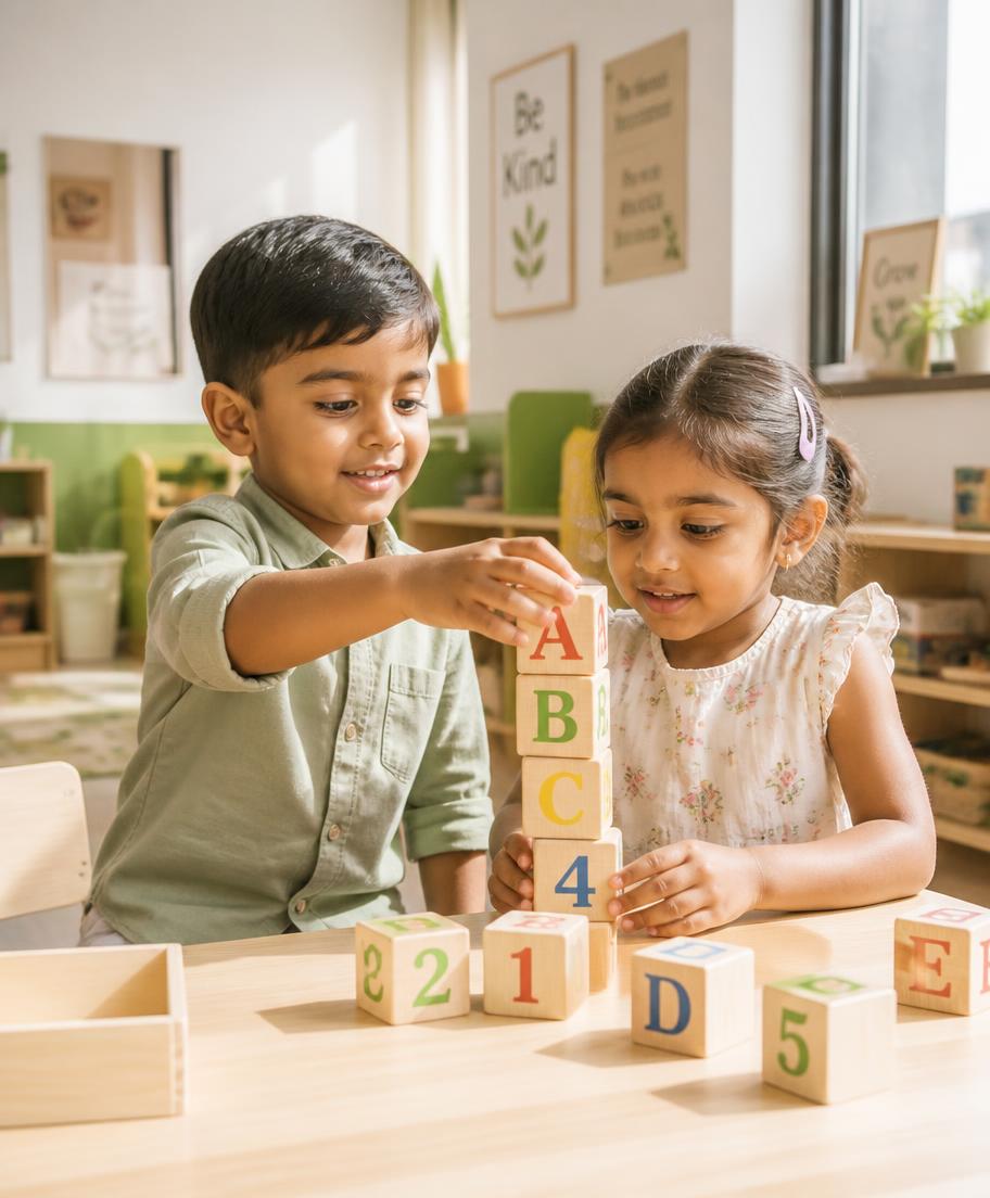 Children stacking alphabet blocks