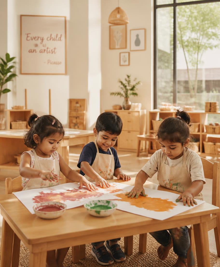 Children finger painting at a wooden table