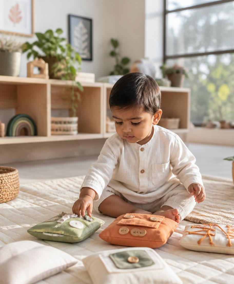 A toddler exploring soft sensory toys